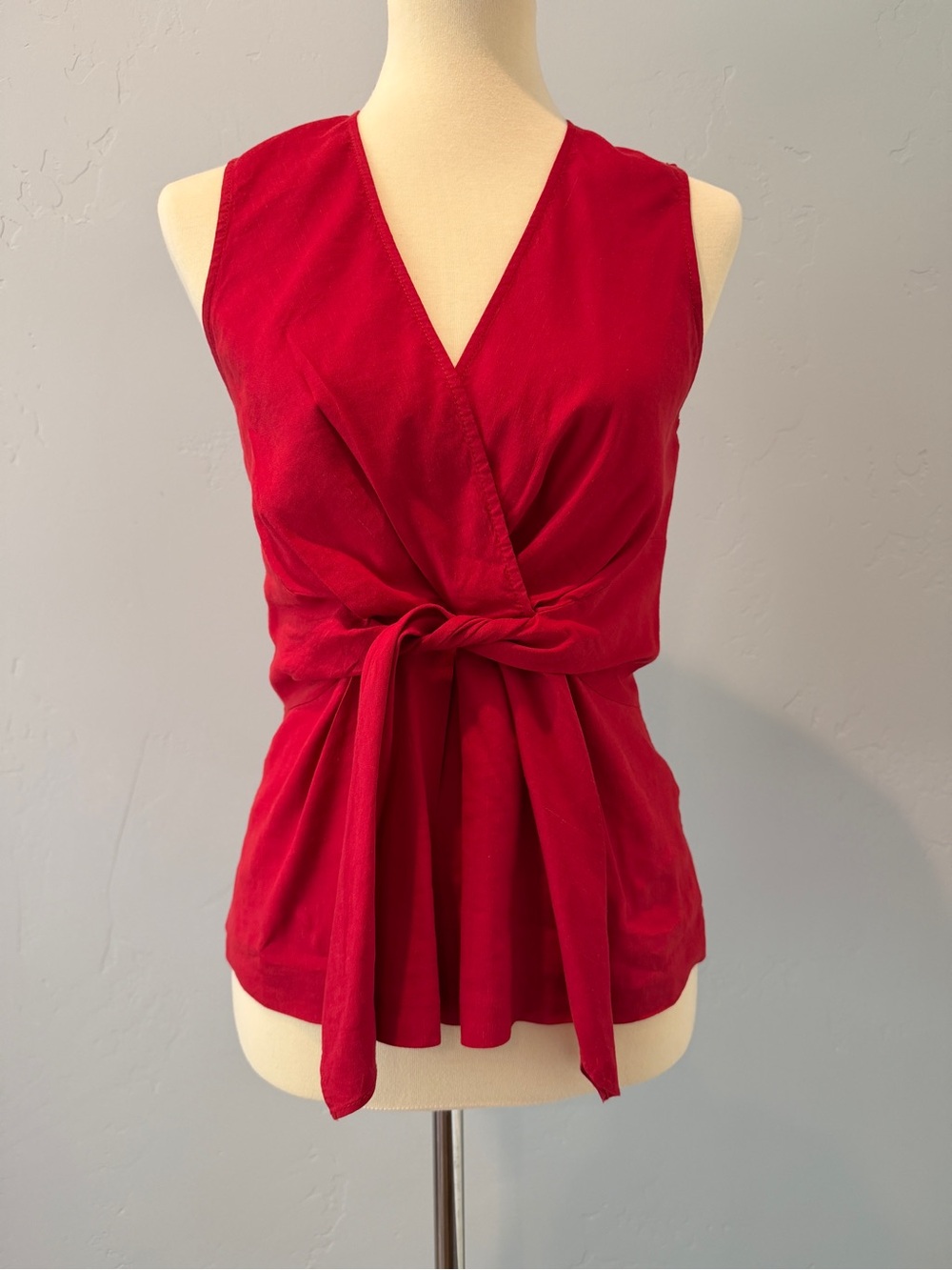 Theory Scarlet Red Linen Wrap Tie-Waist Sleeveless Top Surplice V-Neck Size S